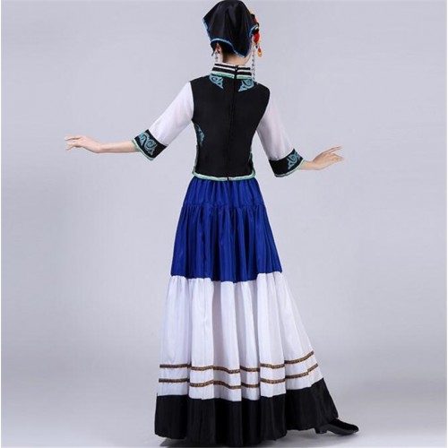Women's white with blue chinese folk dance costumes hmong miao minority stage performance dresses 720degree